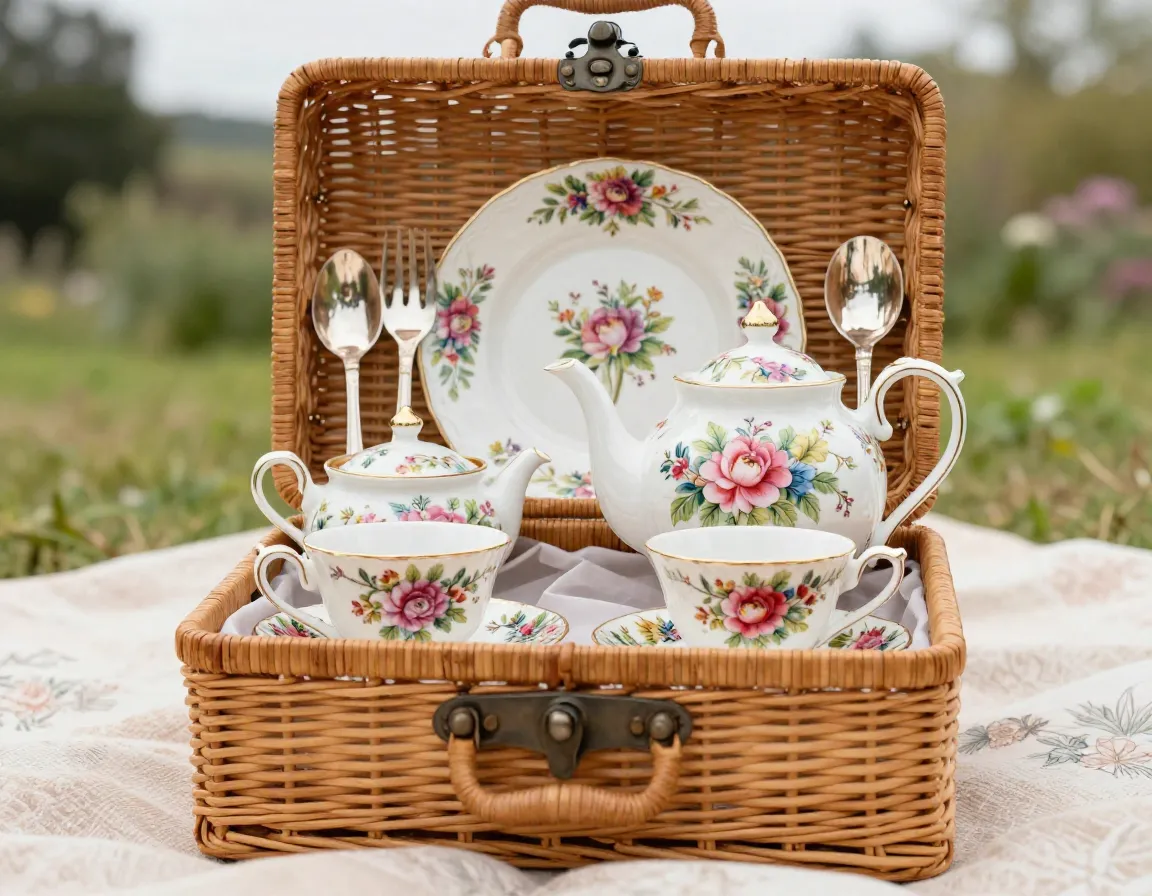 Vina of the valley floral sweetheart garden tea set in basket