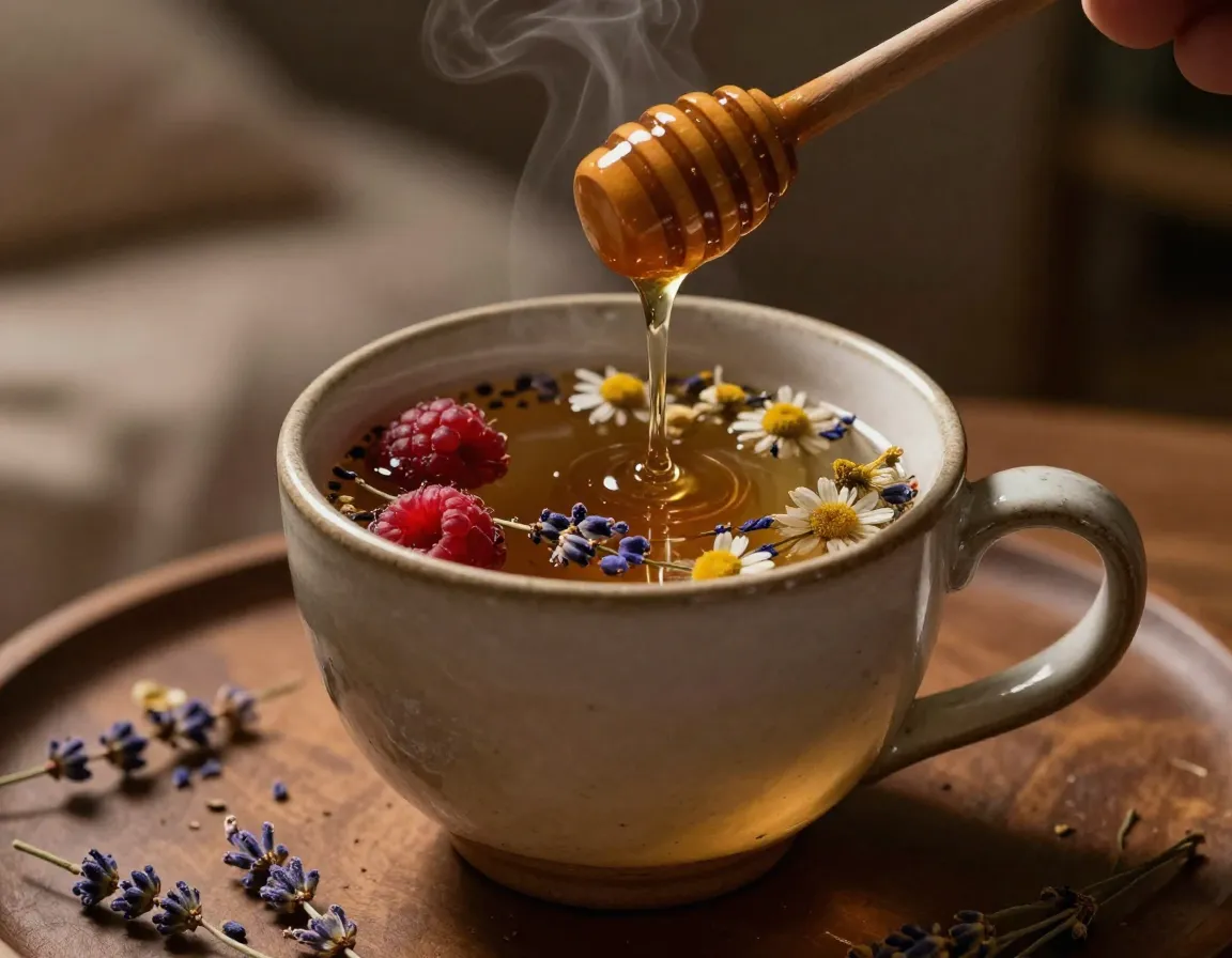 Evening relaxation tea with chamomile and lavender in cozy mug