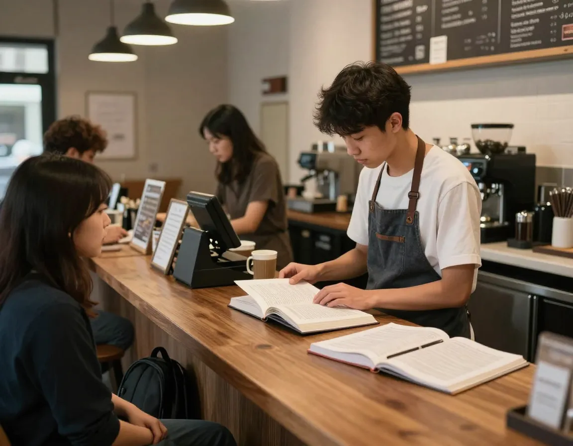 Student barista studies a textbook between serving customers at the counter