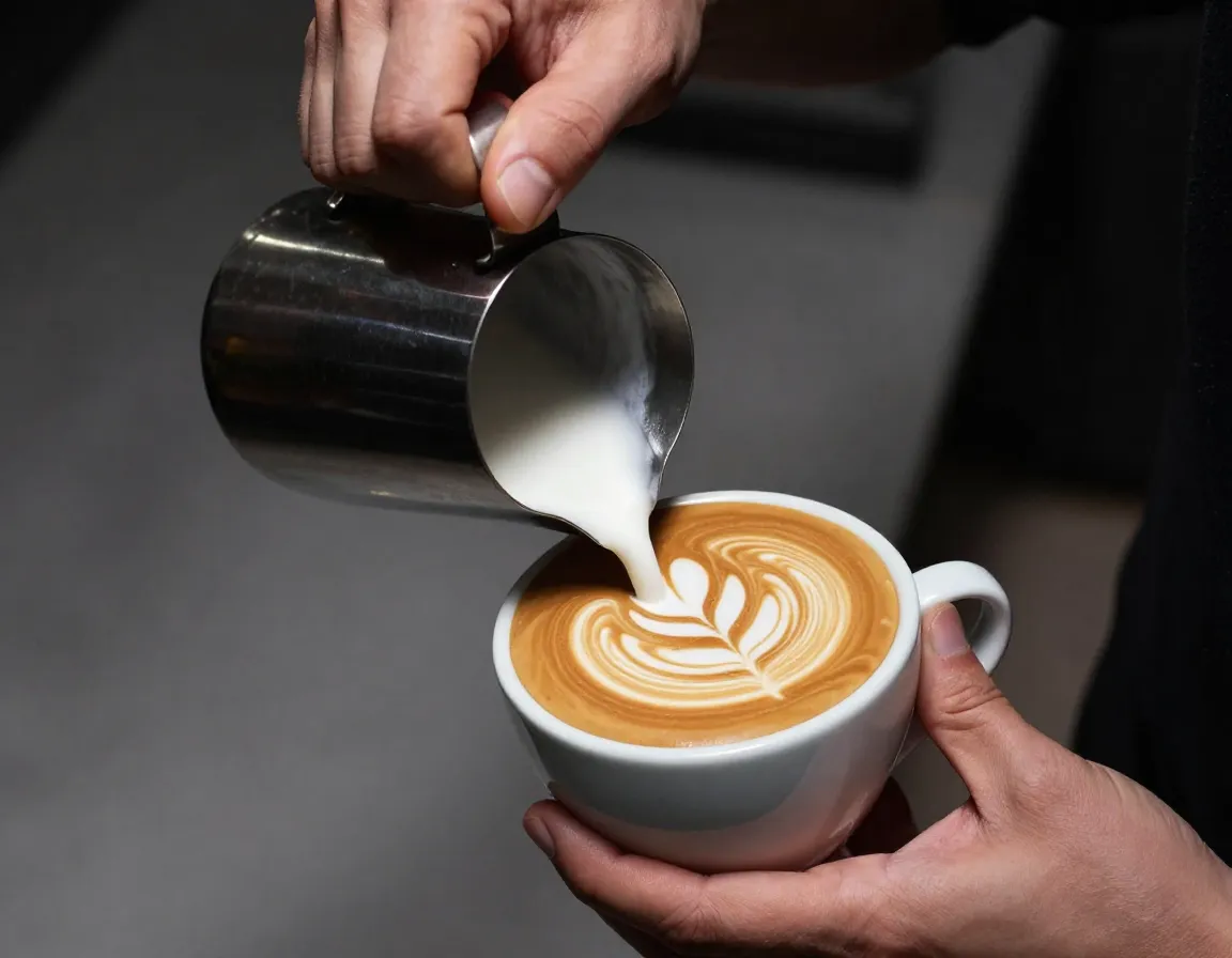 Baristas hands pour steamed milk creating a perfect rosetta in a latte