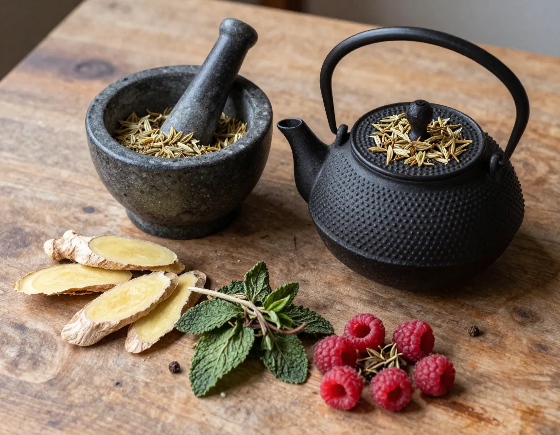 Digestive support tea with ginger and fennel in iron teapot
