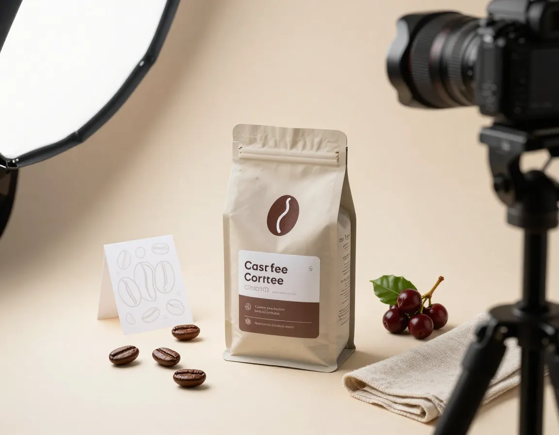 Professional product photography setup with coffee bag and vector props