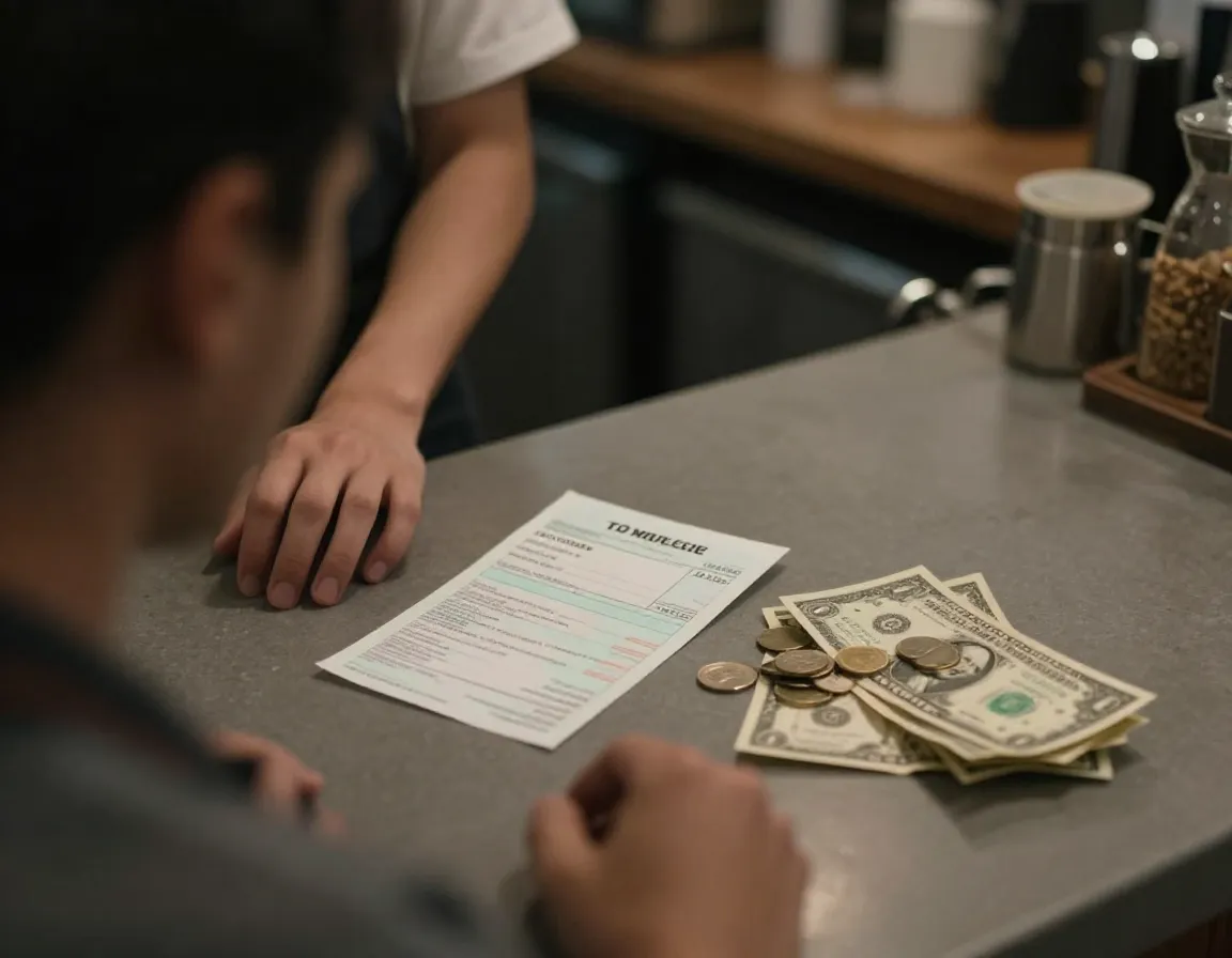 Barista looks at a modest paycheck and a small pile of cash tips