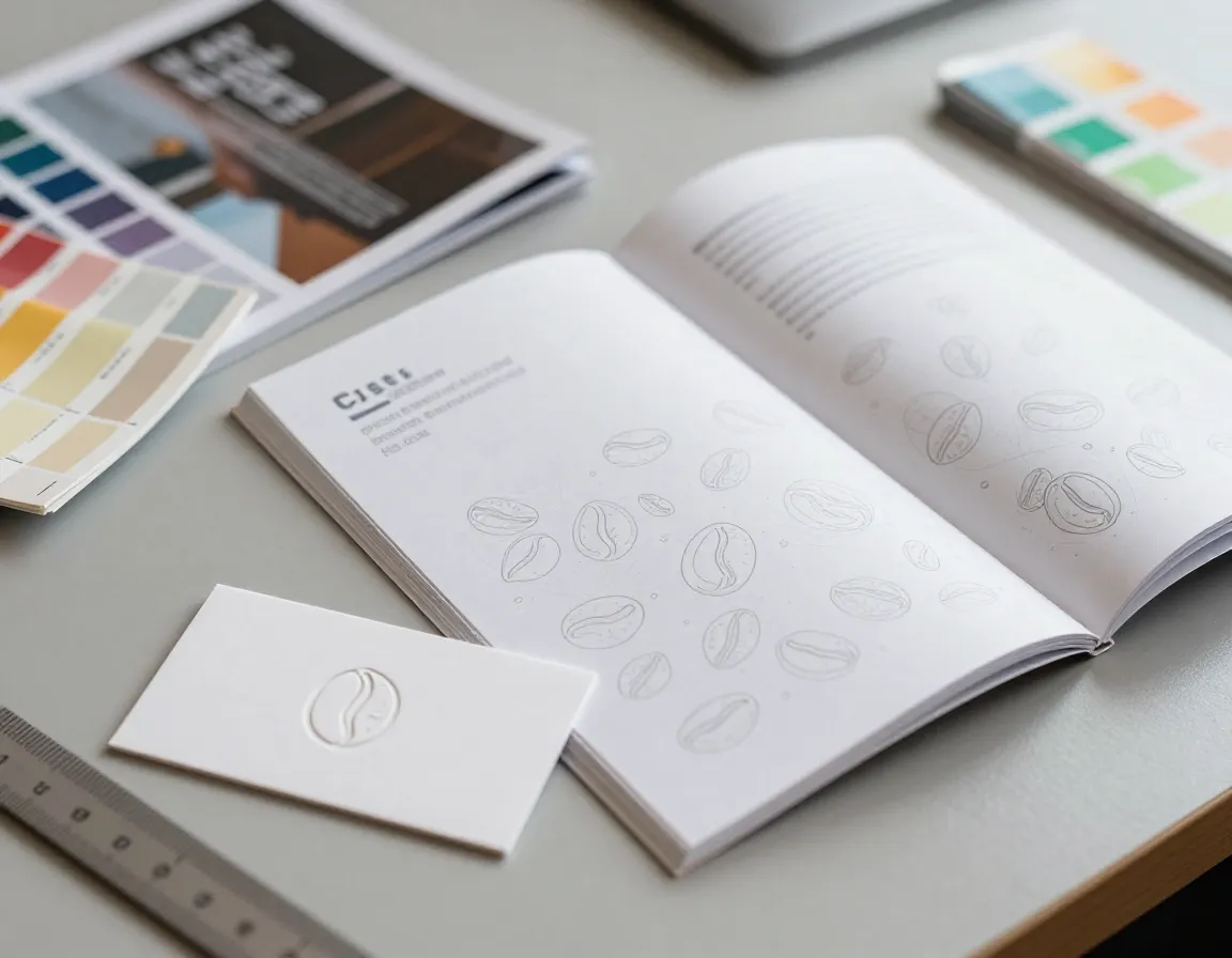 Designers desk with printed collateral featuring crisp coffee bean vector graphics