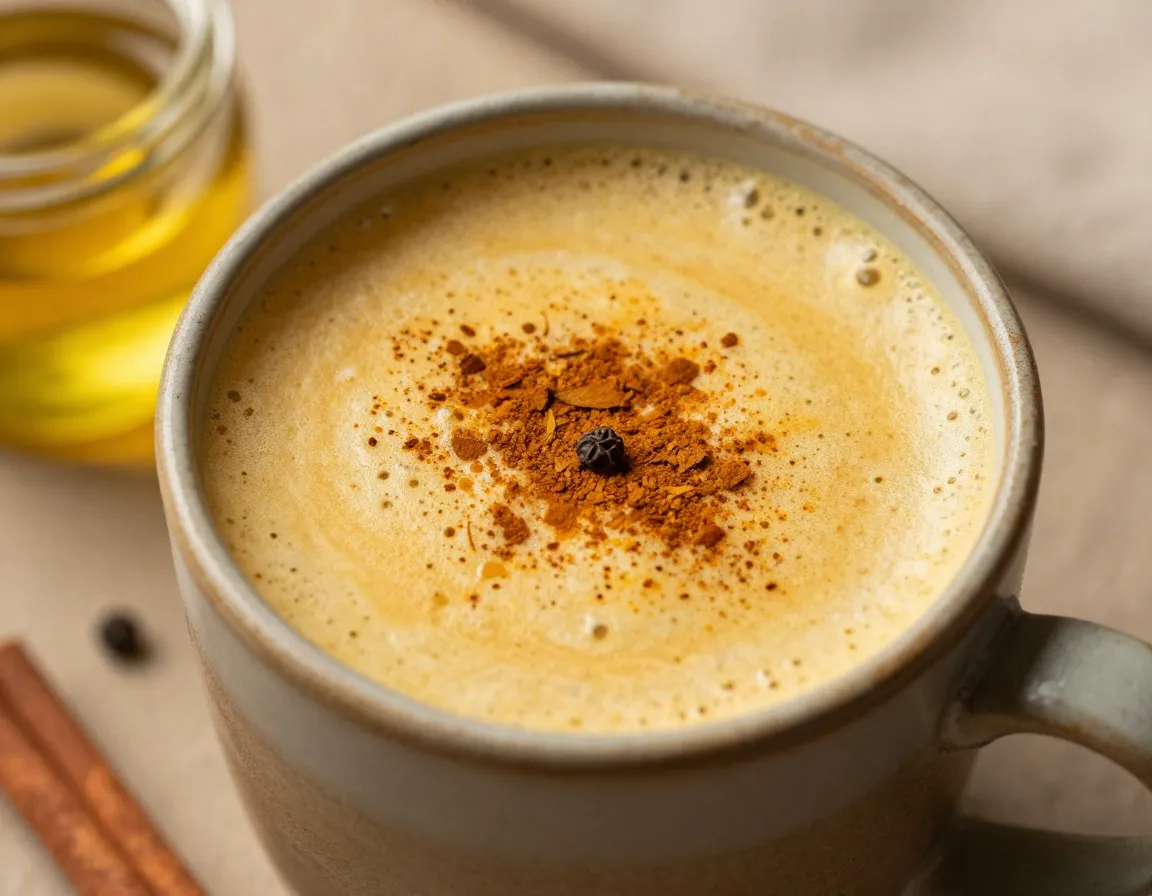 Golden turmeric red raspberry leaf latte in rustic mug