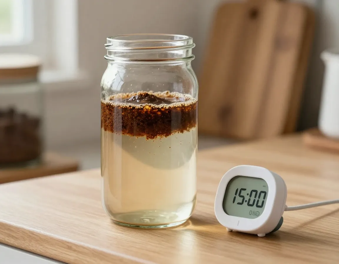 Large glass jar steeping cold brew on counter with a timer
