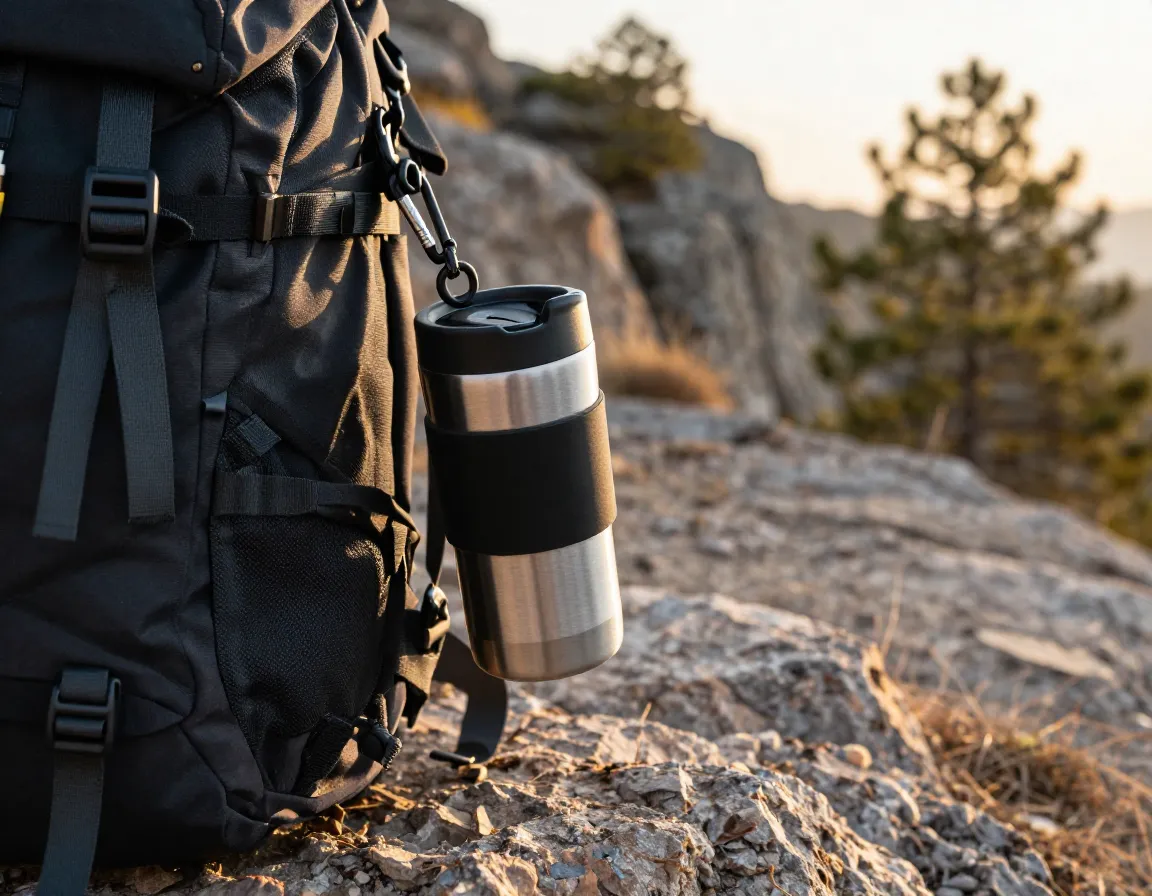 Collapsible stainless steel travel mug attached to backpack