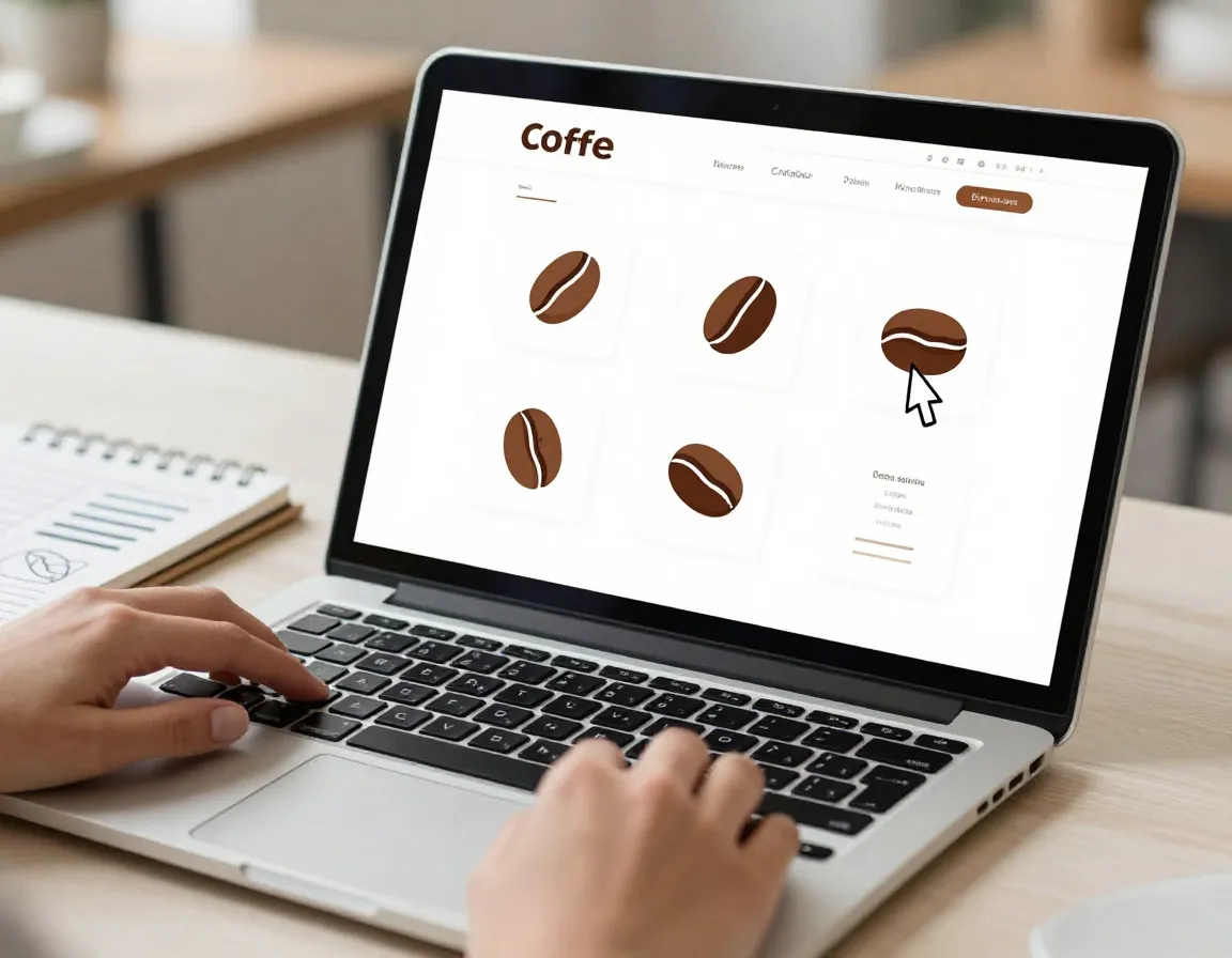 Laptop displaying a website with interactive coffee bean vector icons