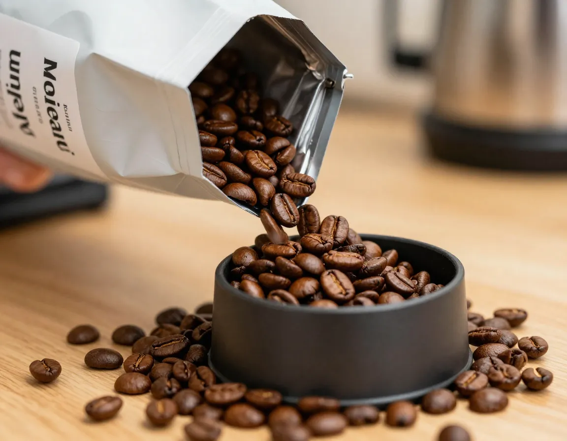 Medium roast coffee beans poured from a bag into a grinder