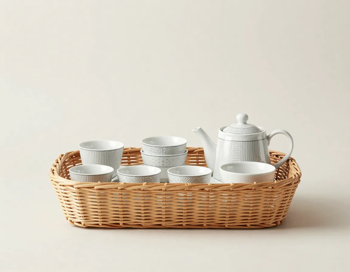 Modern minimalist geometric pattern tea collection in streamlined basket
