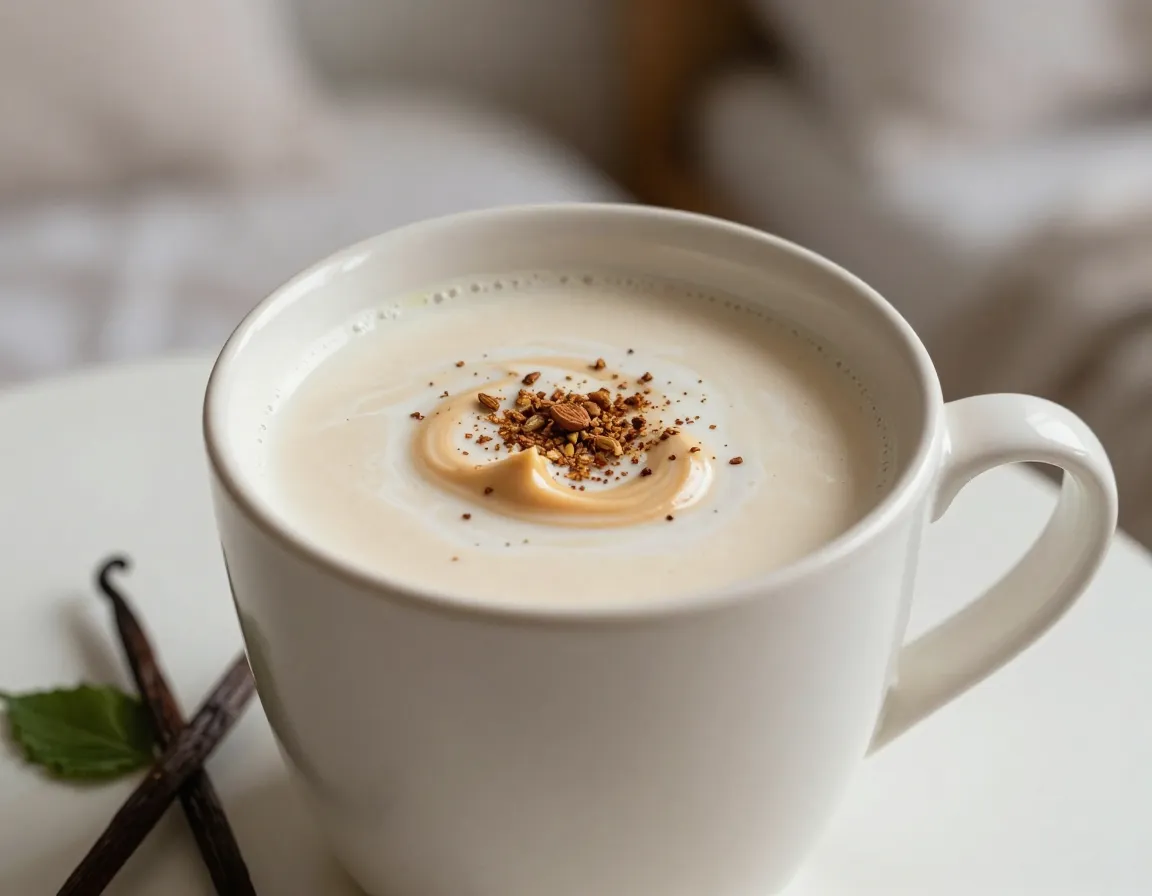 Red raspberry leaf moon milk with almond butter in large cup
