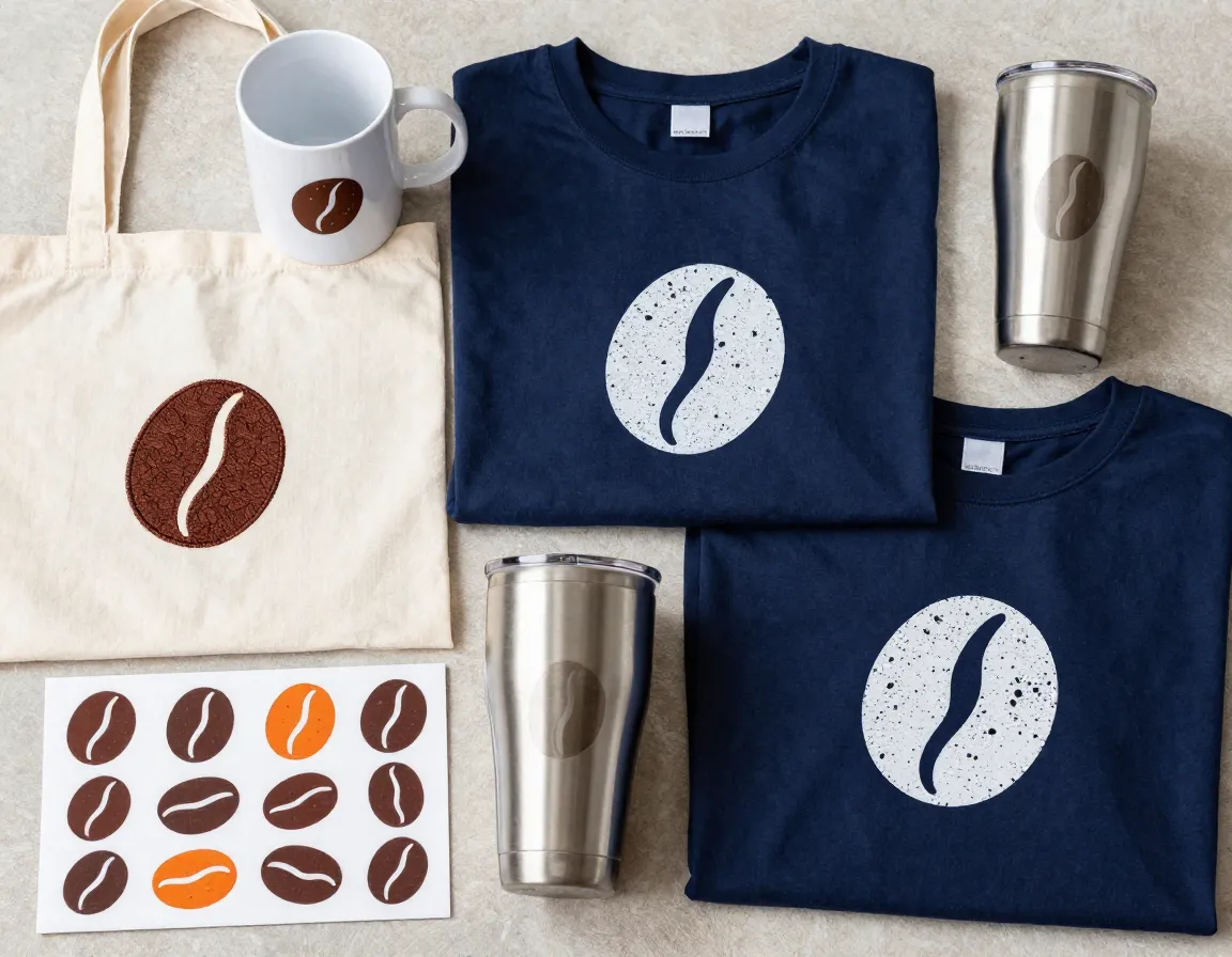 Display of branded merchandise featuring applied coffee bean vector designs