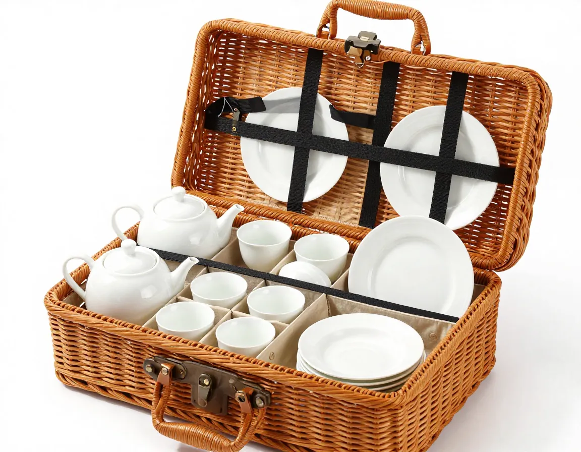 Family heritage four person tea set with organized basket compartments