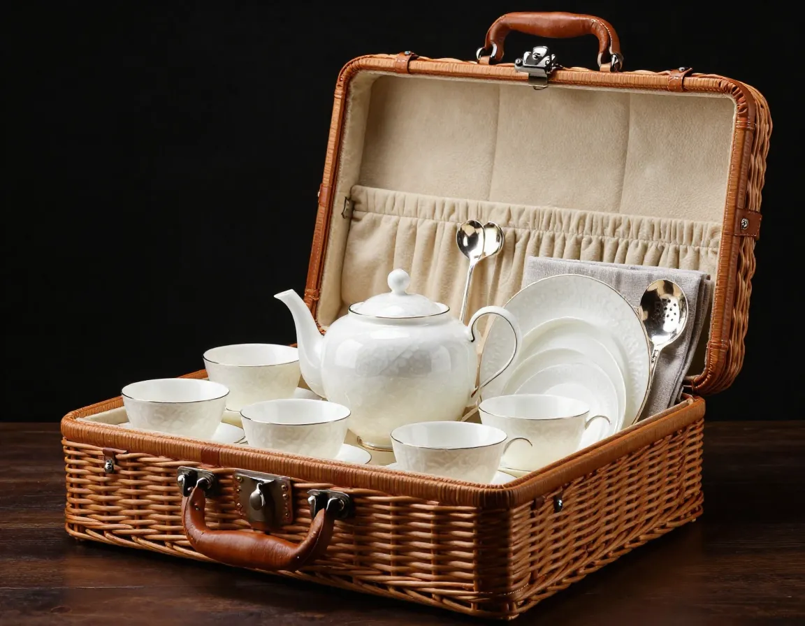 Luxury bone china estate collection with leather accents in premium basket