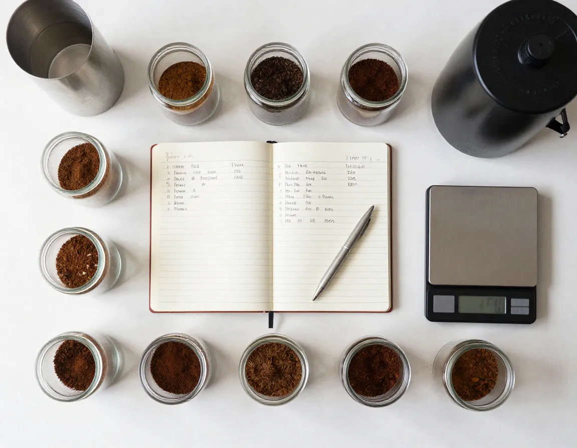 Notebook and small coffee batches for testing grind adjustments