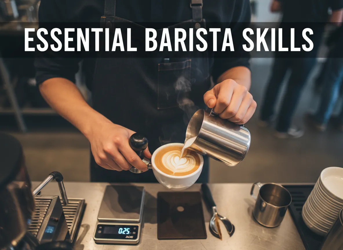 Barista hands espresso tamping milk steaming latte art heart cup