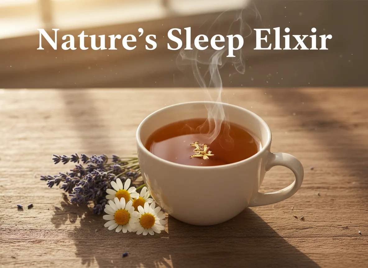 Close up golden chamomile tea mug lavender bundle serene warm light