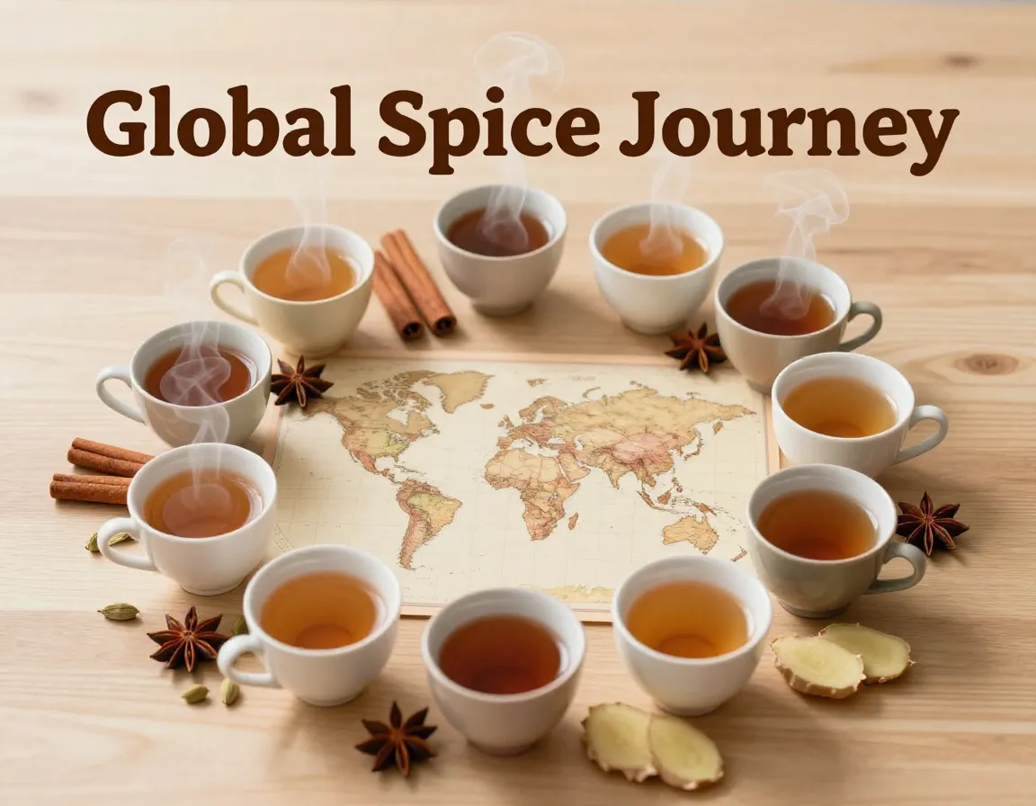Eight global chai teas spice circle map background flat lay