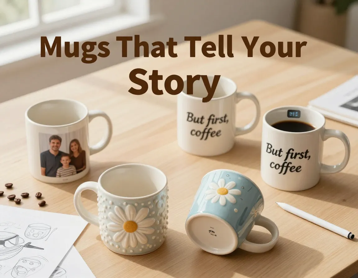 Personalized coffee mugs flat lay sunlit studio arrangement