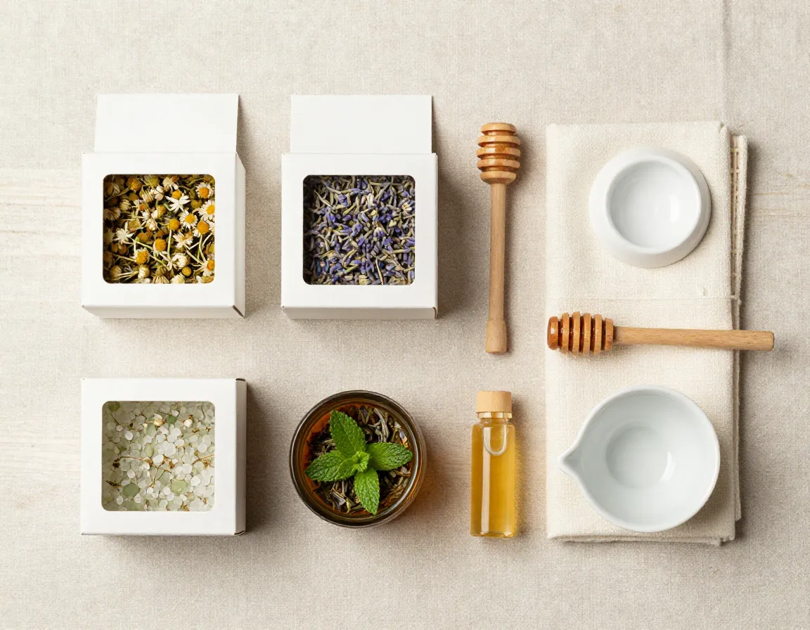 A serene tea setup with chamomile lavender mint blends bamboo cloth honey bath salts