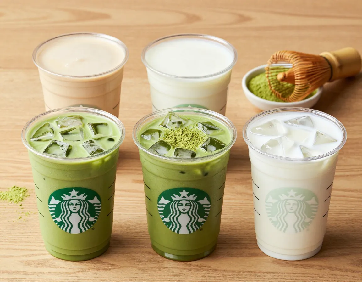 Iced matcha latte with oat milk almond milk and coconut milk