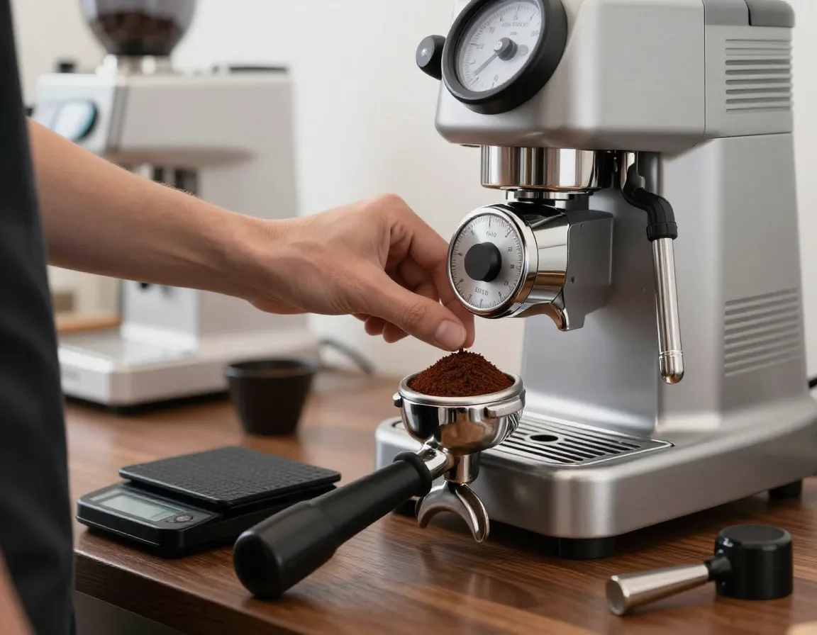 Master barista calibrating espresso grinder for shot extraction