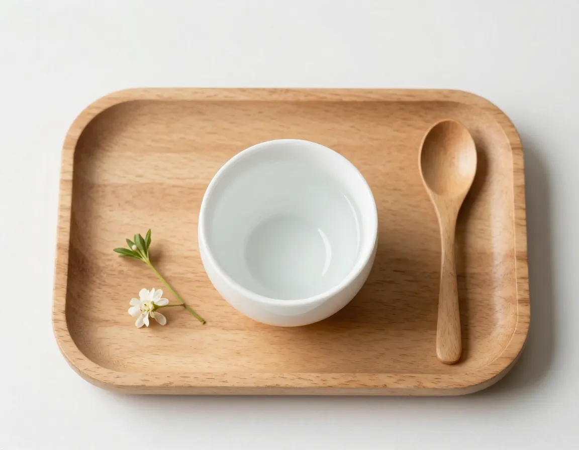 Minimalist morning ritual single porcelain cup on wooden tray