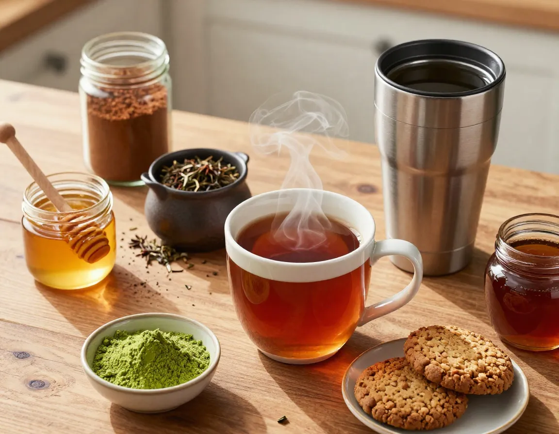 An energizing breakfast scene with black chai green teas mug biscuits honey travel mug