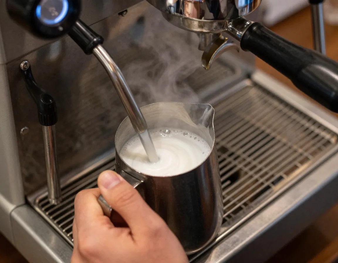 Barista steaming milk pitcher creating velvety microfoam texture