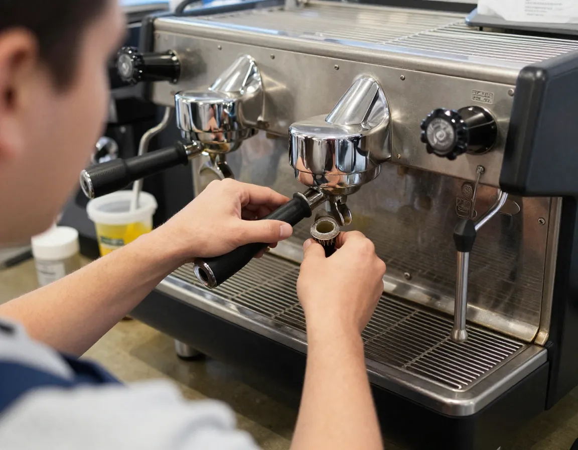 Barista performing maintenance backflushing commercial espresso machine