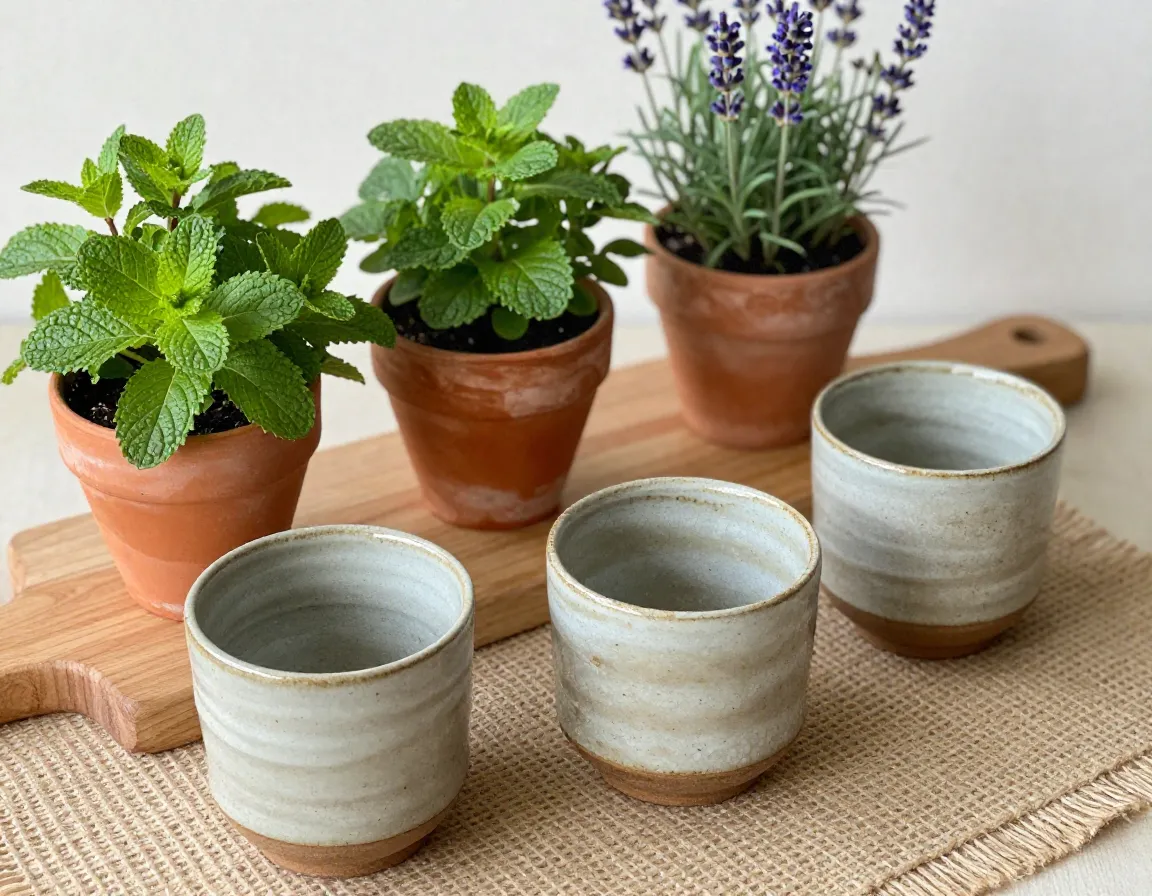 Garden inspired fresh setup handcrafted cups and potted herbs