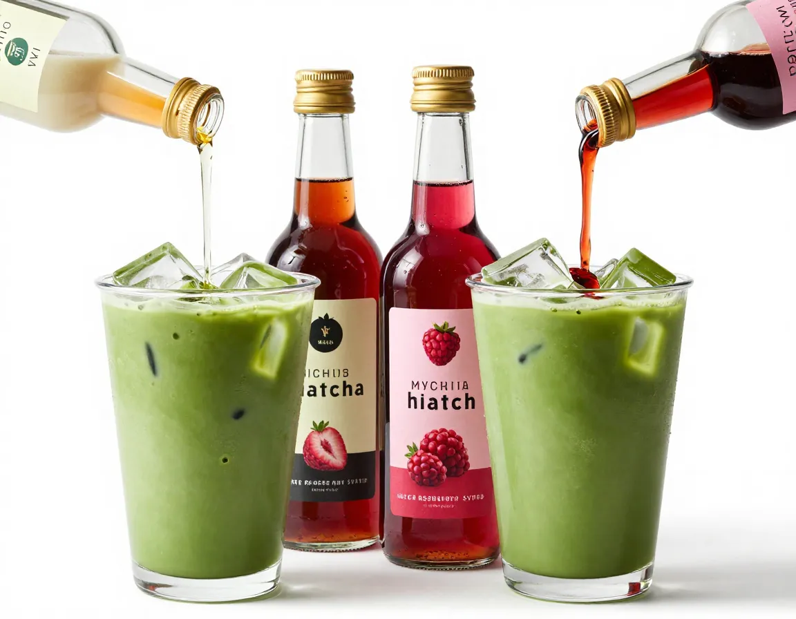 Iced matcha latte with vanilla and raspberry syrup bottles