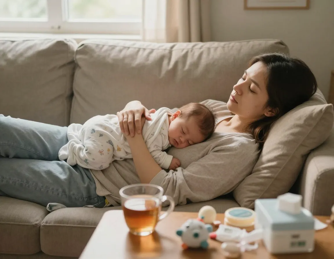 New mother resting on a couch with a sleeping baby and a cup of tea