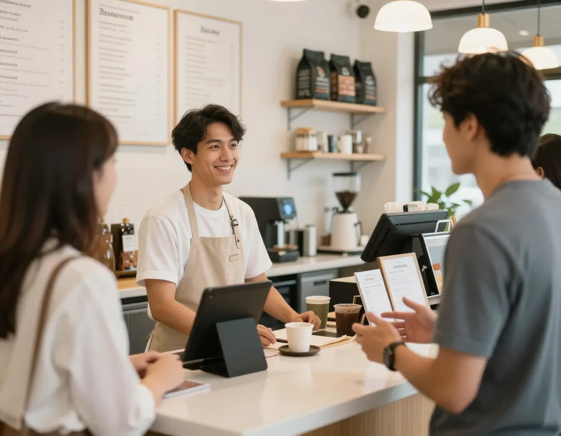 Barista greeting customer with warm smile at cafe counter