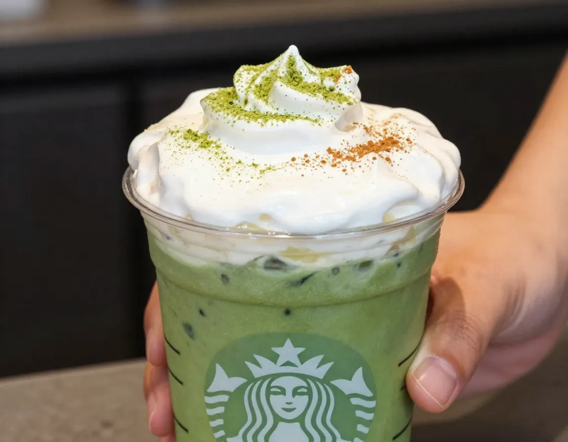 Iced matcha latte with sweet cream cold foam topping