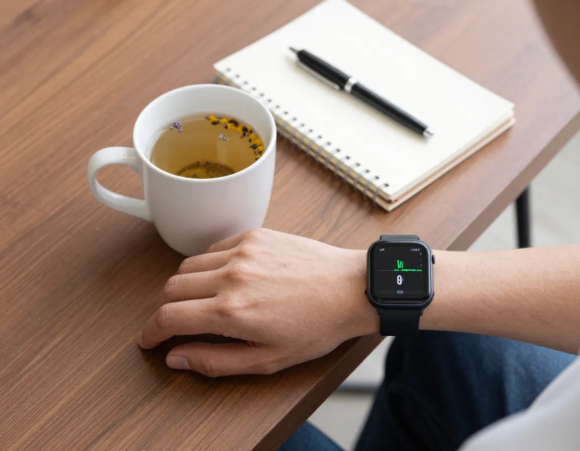 Person monitoring their heart rate with a smartwatch while drinking calming tea