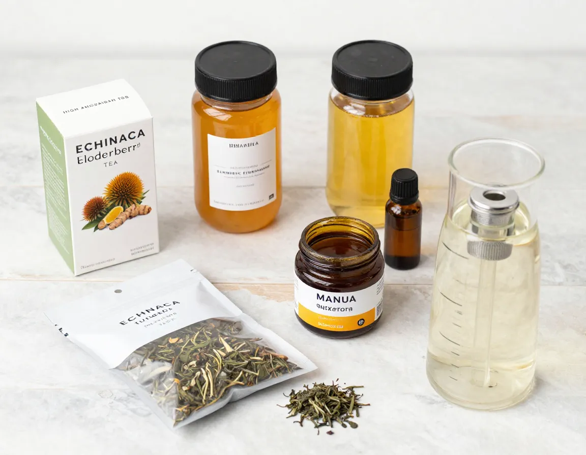 A wellness focused arrangement with echinacea turmeric teas manuka honey lemon oil