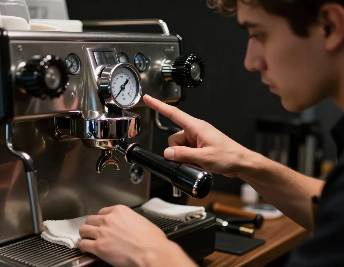 Barista troubleshooting espresso machine checking pressure gauge