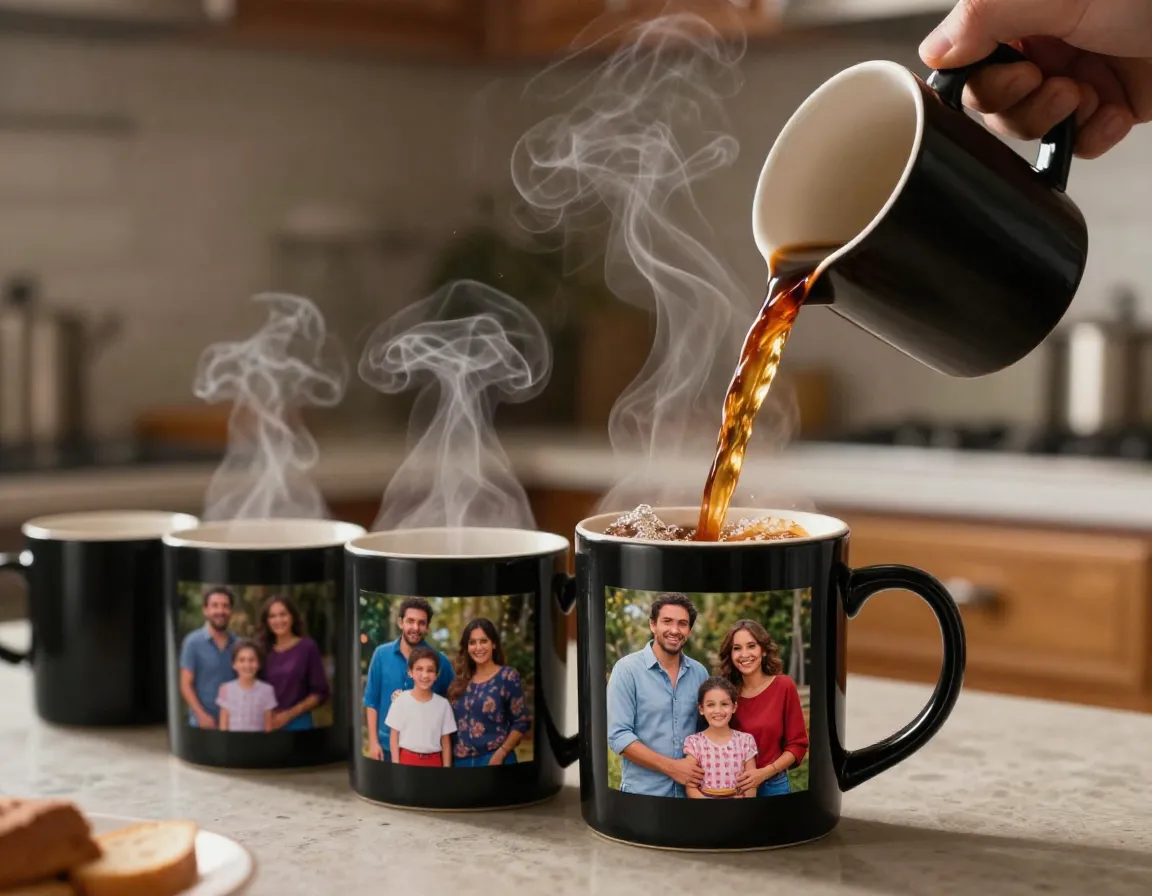 Heat changing magic mug revealing hidden family photo with hot coffee
