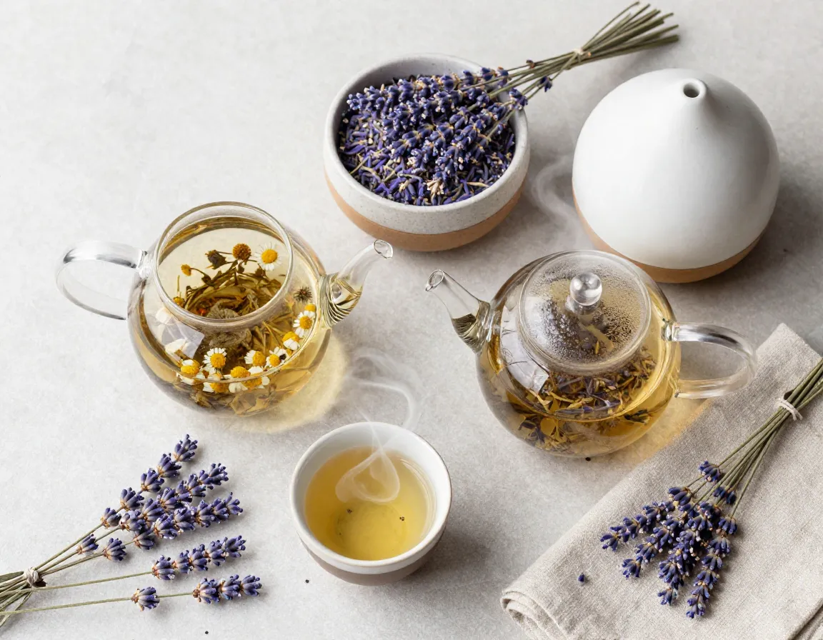 Synergistic setup of loose leaf tea brewing next to a lavender aromatherapy diffuser