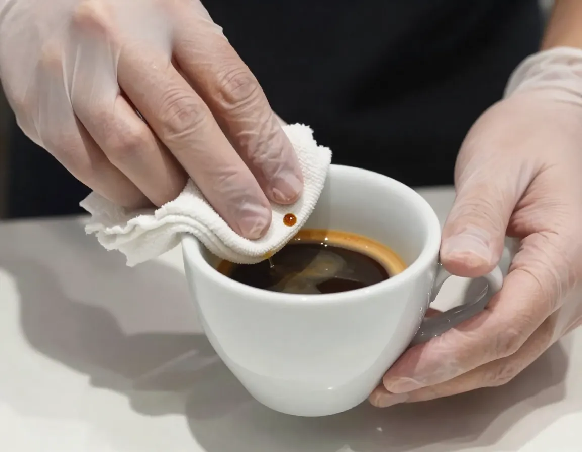 Barista meticulously wiping espresso cup rim before serving