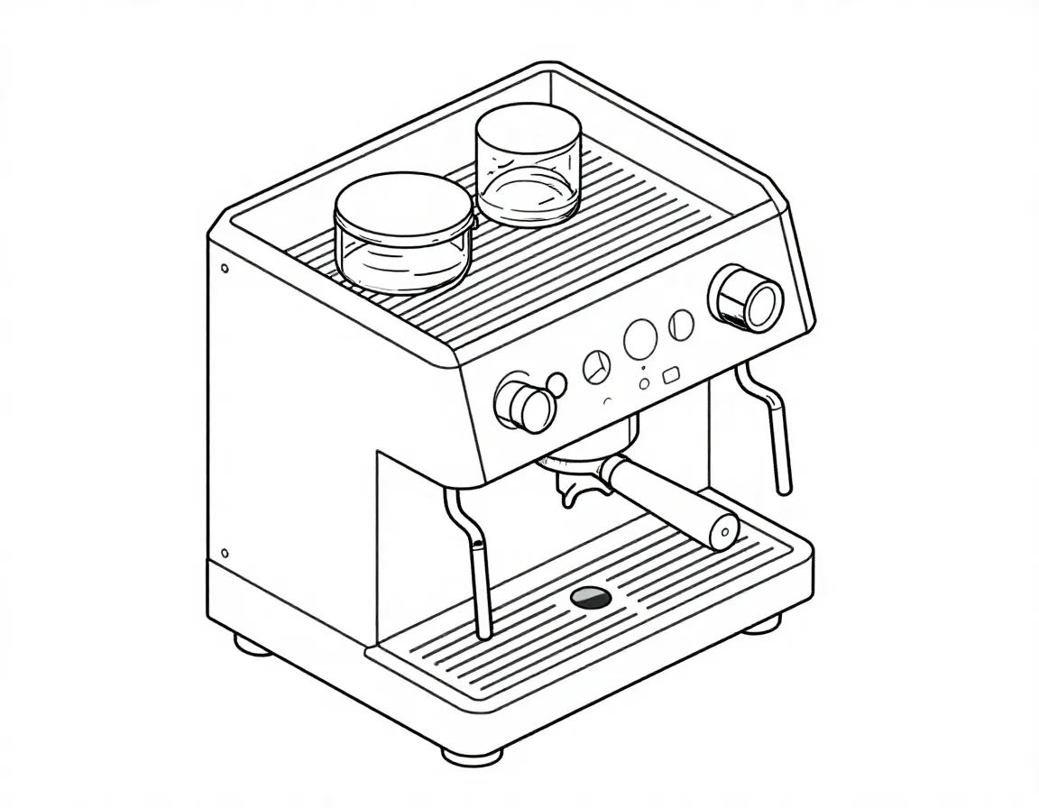 Isometric espresso machine technical drawing consistent perspective