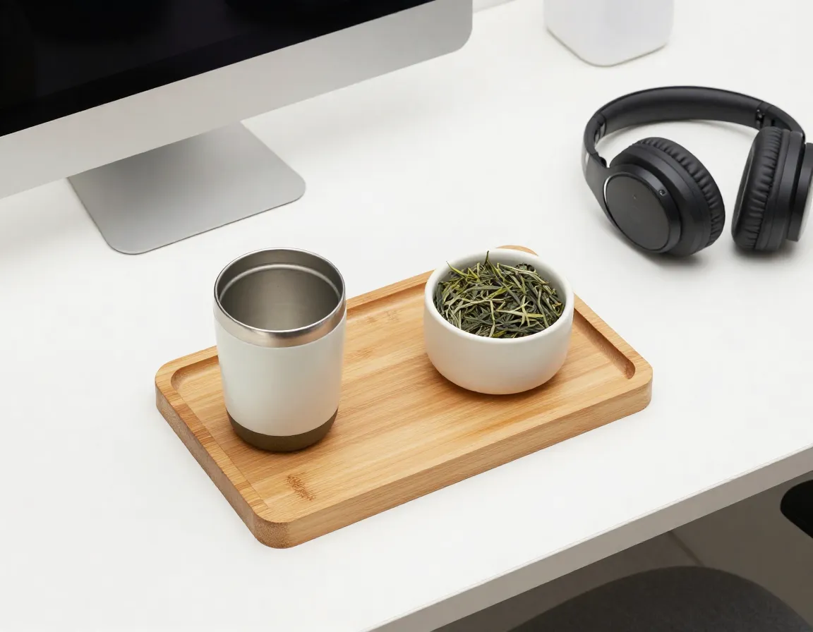Workspace wellness portable bamboo tray with insulated mug