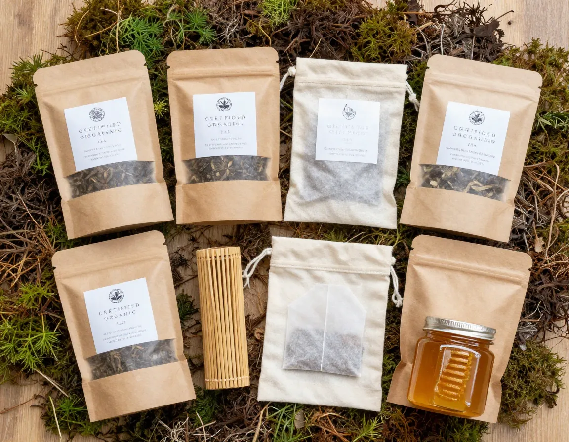 An eco friendly setup with organic tea bamboo infuser reusable cotton bags local honey