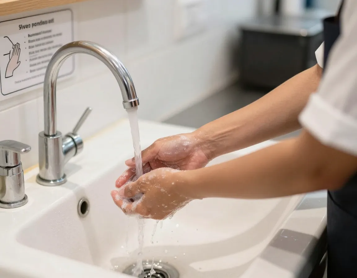 Barista washing hands following protocol at cafe sink