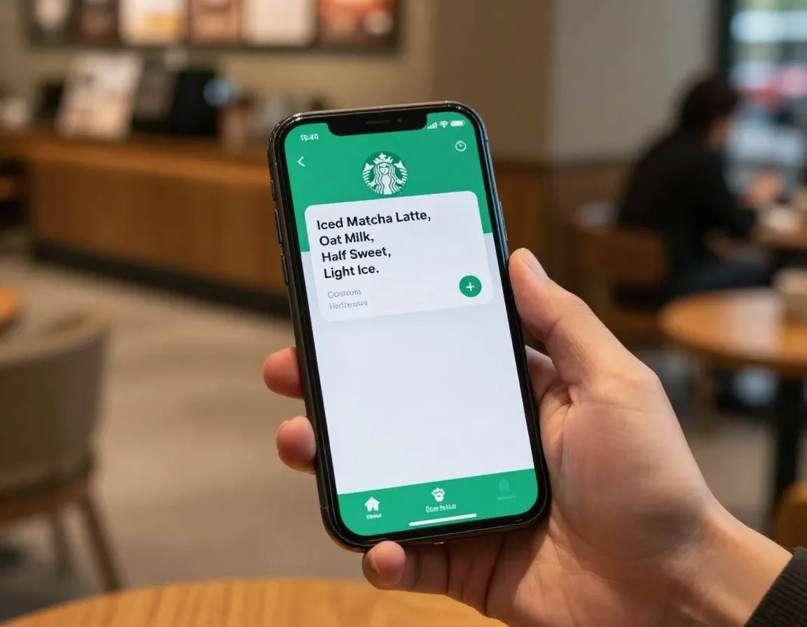 Customer using starbucks app to order custom matcha latte