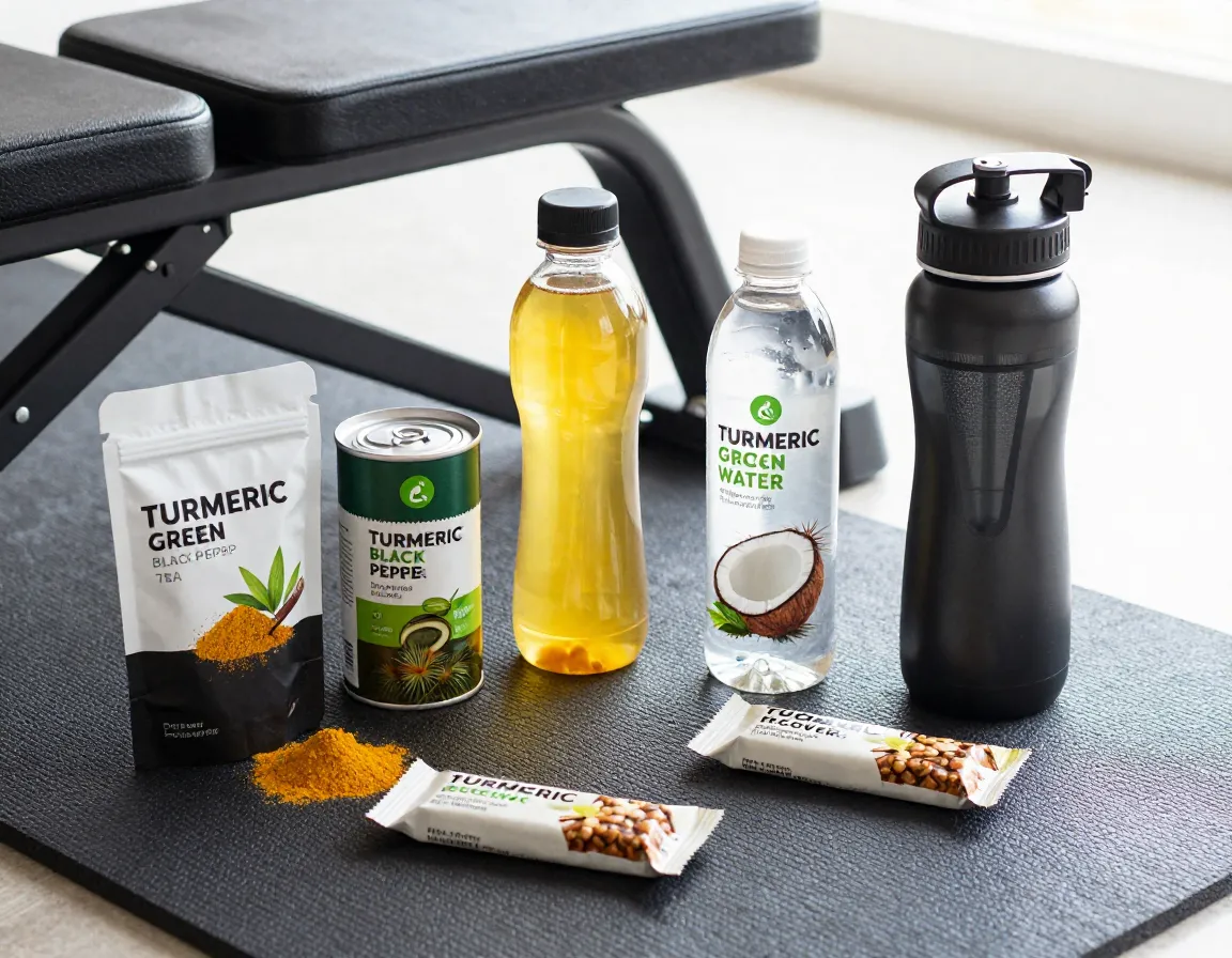 A fitness recovery kit with turmeric green tea coconut water bottle protein snack bar