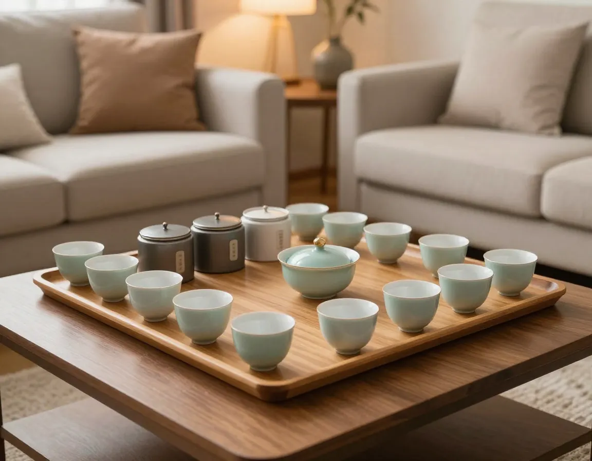 Social connection setup matching cups on large serving tray