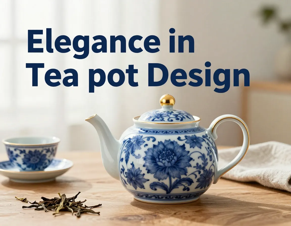 Elegant porcelain teapot blue gold trim wooden table