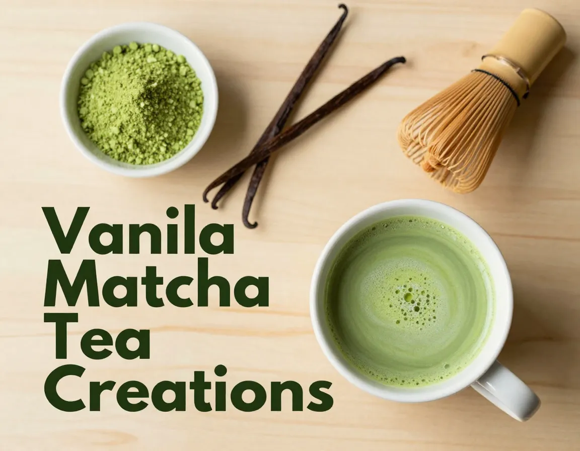 Vanilla matcha latte flatlay with ingredients